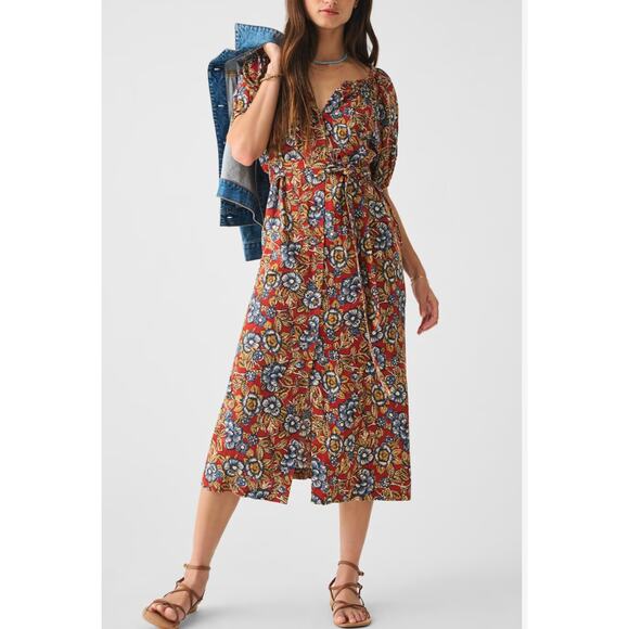 FAHERTY NWT Carmel LInen Blend Red Floral Tie Waist Dress // XS - Picture 2 of 15